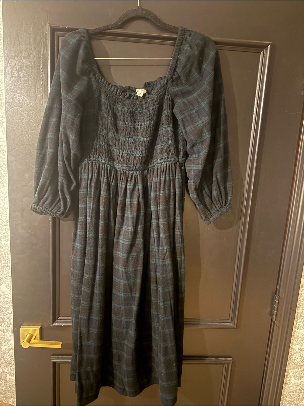 J.Crew BD407 Black Watch Tartan Smocked Puff Sleeve Midi Dress M